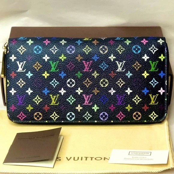 LOUIS VUITTON TAKASHI MURAKAMI Black Monogram Multi-Color Long Wallet + LV Box - Picture 3 of 17